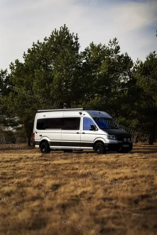 Kamper na złotej łące wśród drzew