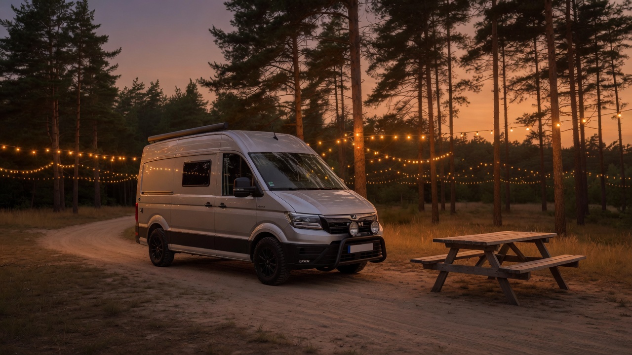Nomad campervan at a forest campsite with string lights