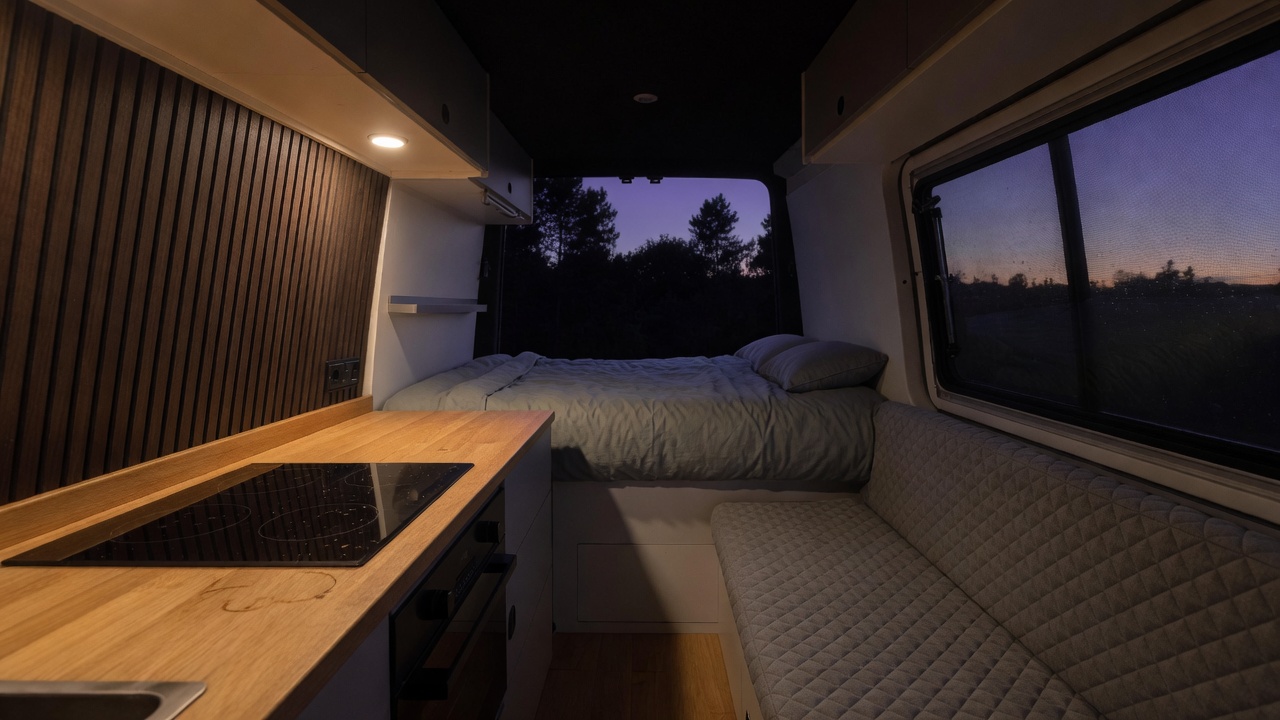 Nomad campervan interior with kitchen and bed