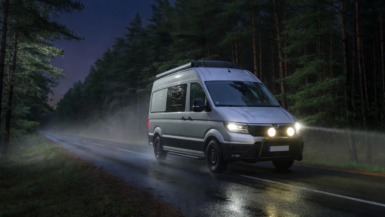 Nomad campervan on a night road, airport transfer